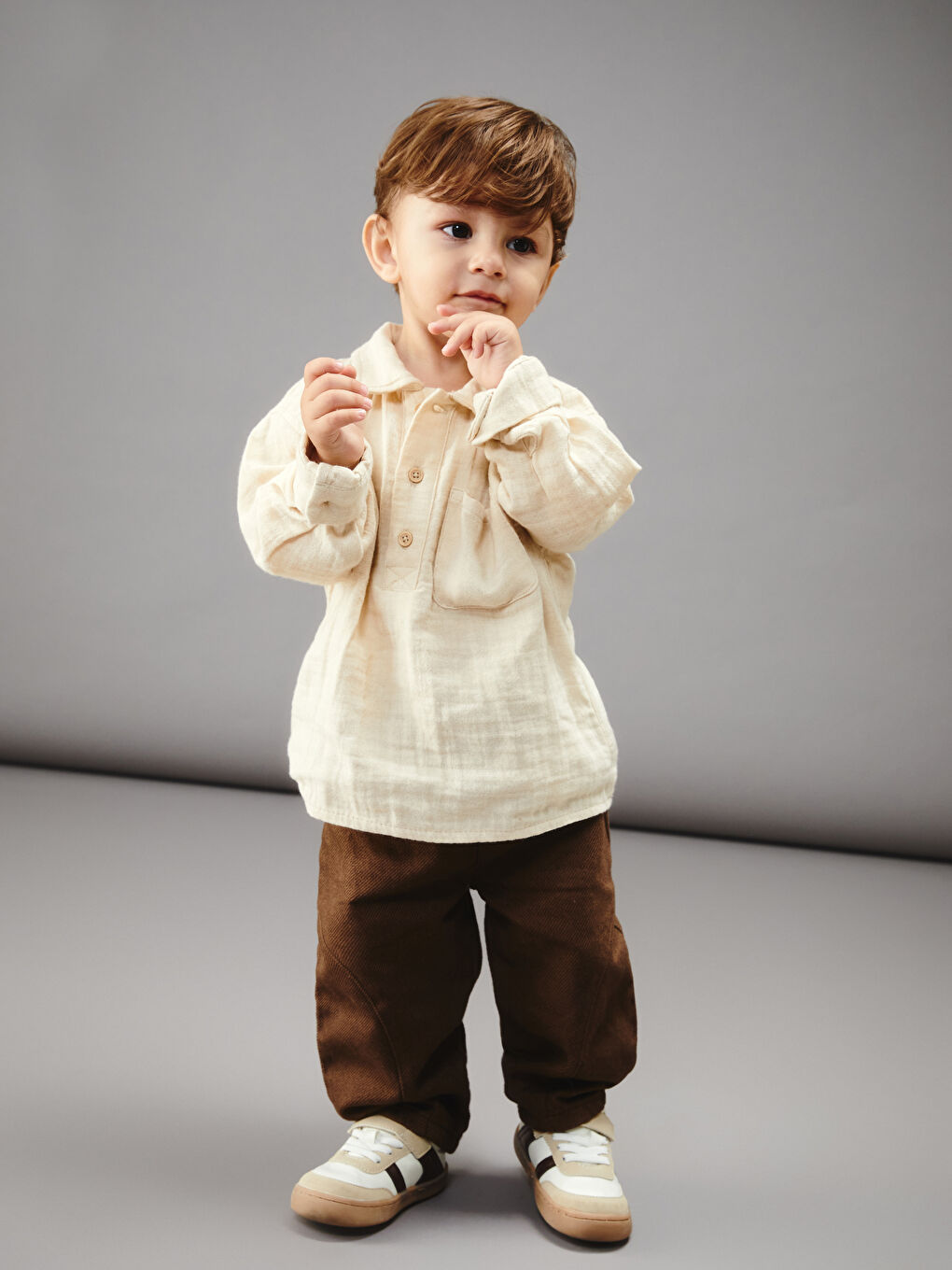 Bej Erkek Bebek Gömlek ve Pantolon 2'li Takım-3