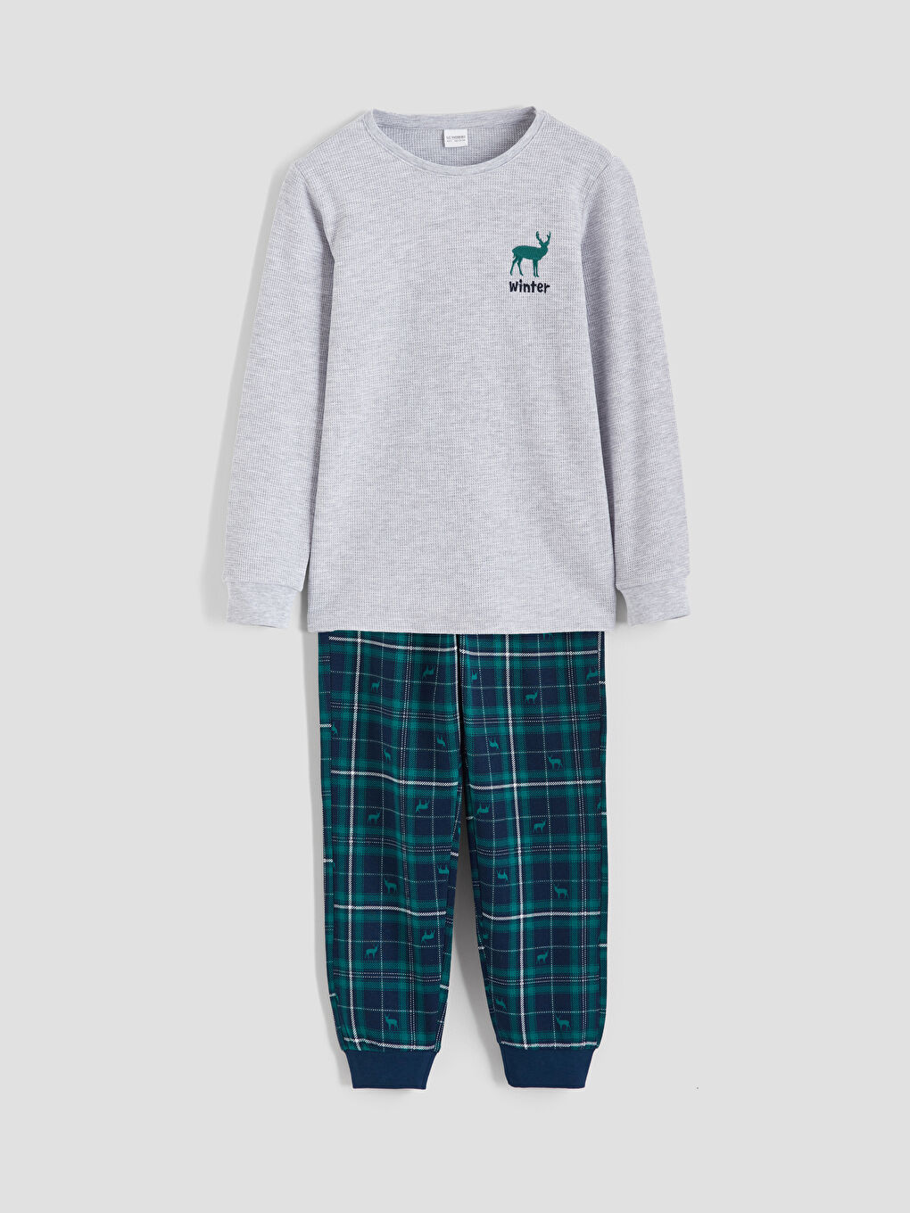 Gri Bisiklet Yaka Erkek Çocuk Pijama Takımı