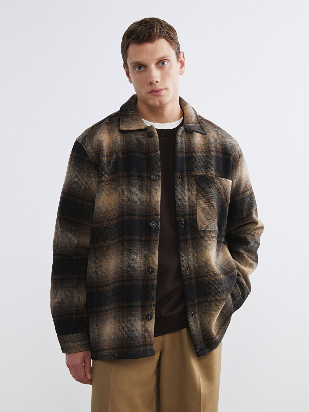 Regular Fit Wool Blend Plaid Men's Shirt Jacket