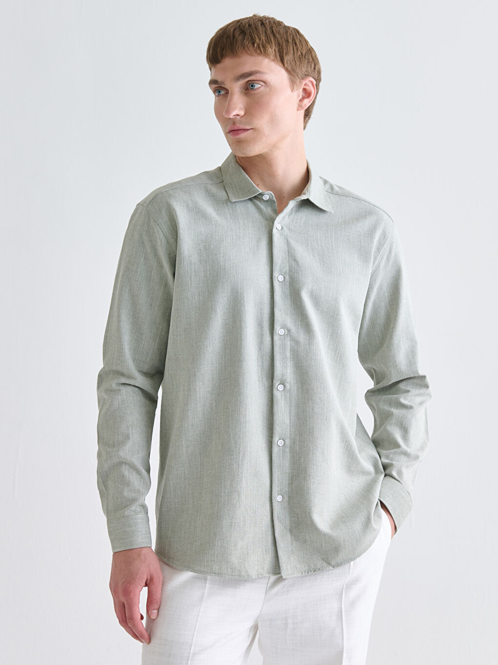 Yeşil Regular Fit Uzun Kollu Armürlü Erkek Gömlek