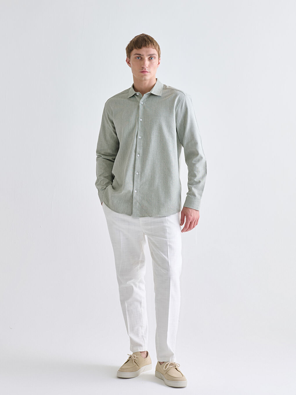 Yeşil Regular Fit Uzun Kollu Armürlü Erkek Gömlek-1