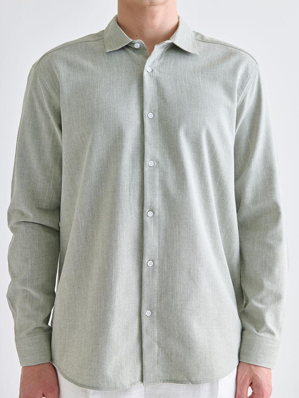 Yeşil Regular Fit Uzun Kollu Armürlü Erkek Gömlek-2