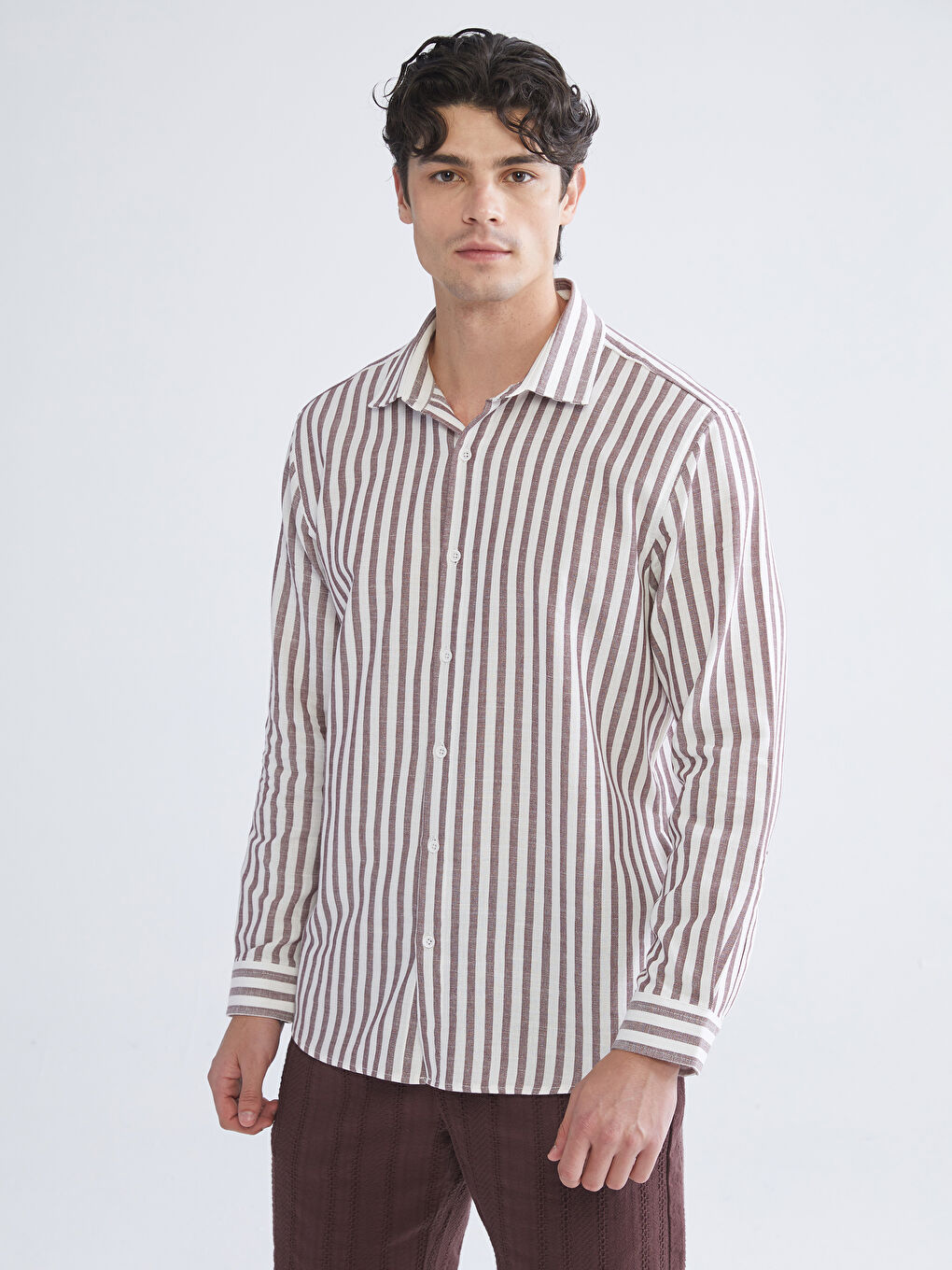 Bordo Regular Fit Uzun Kollu Çizgili Erkek Gömlek