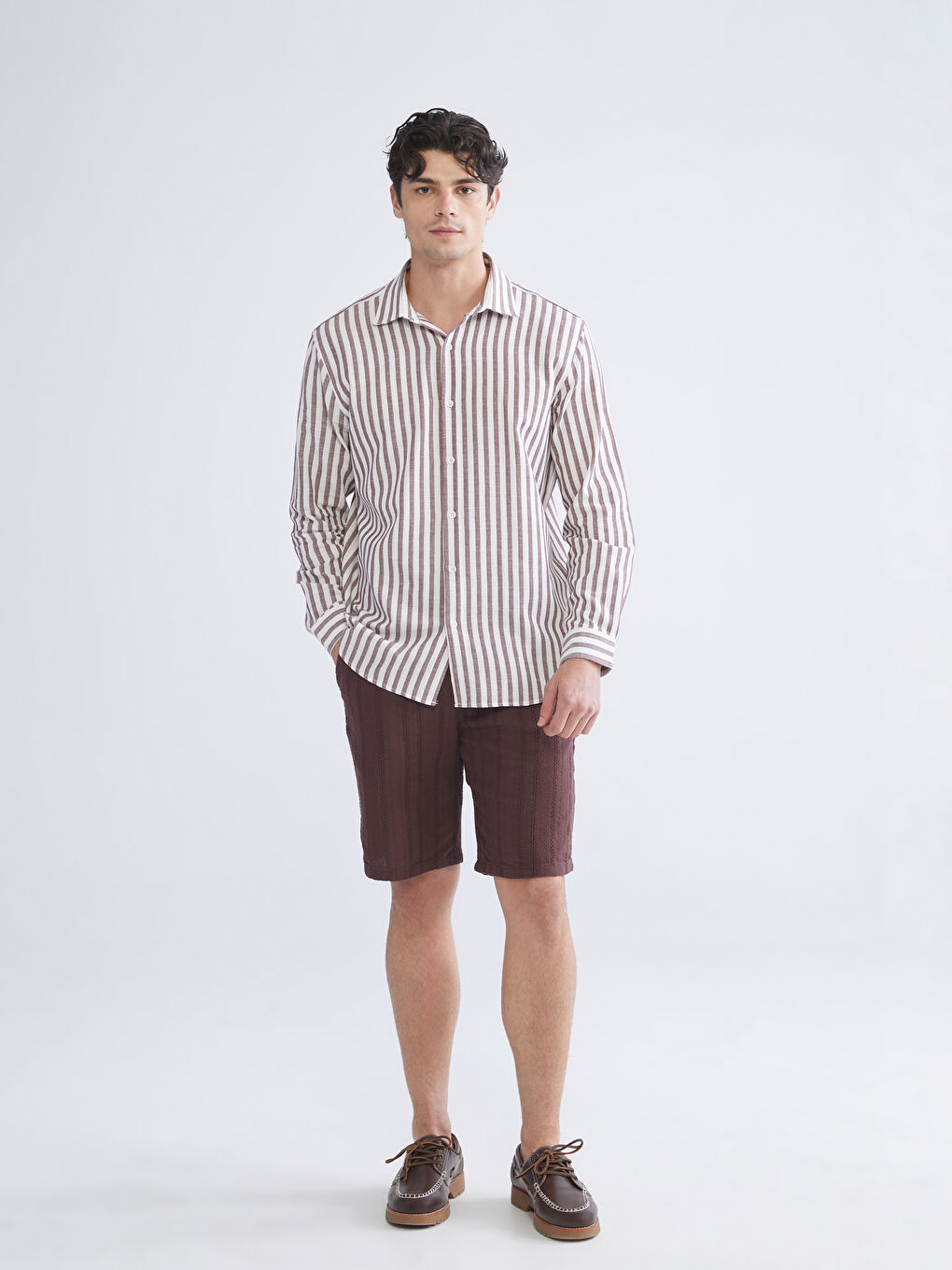 Bordo Regular Fit Uzun Kollu Çizgili Erkek Gömlek-1