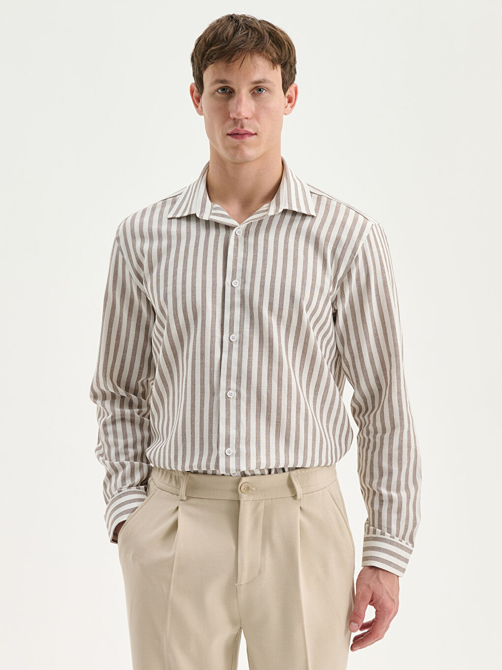 Kahverengi Regular Fit Uzun Kollu Çizgili Erkek Gömlek