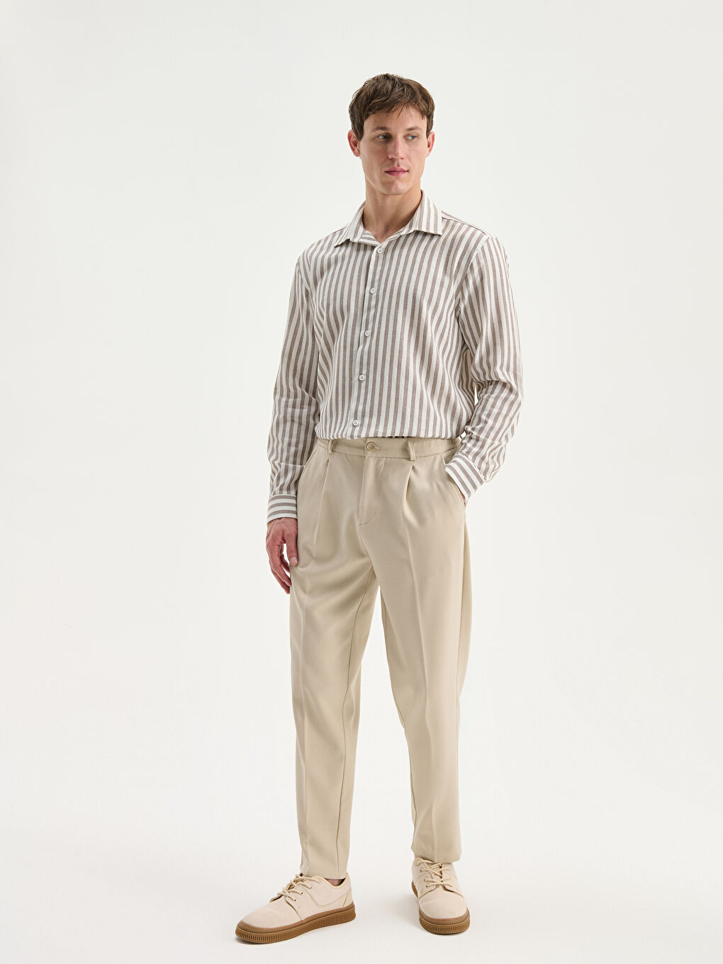 Kahverengi Regular Fit Uzun Kollu Çizgili Erkek Gömlek-1