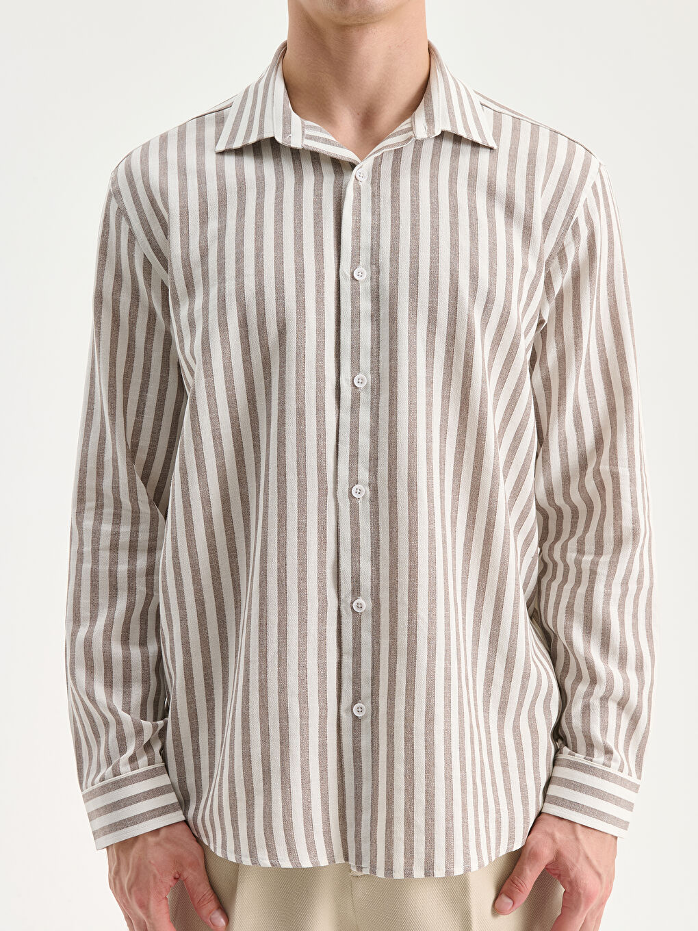 Kahverengi Regular Fit Uzun Kollu Çizgili Erkek Gömlek-2