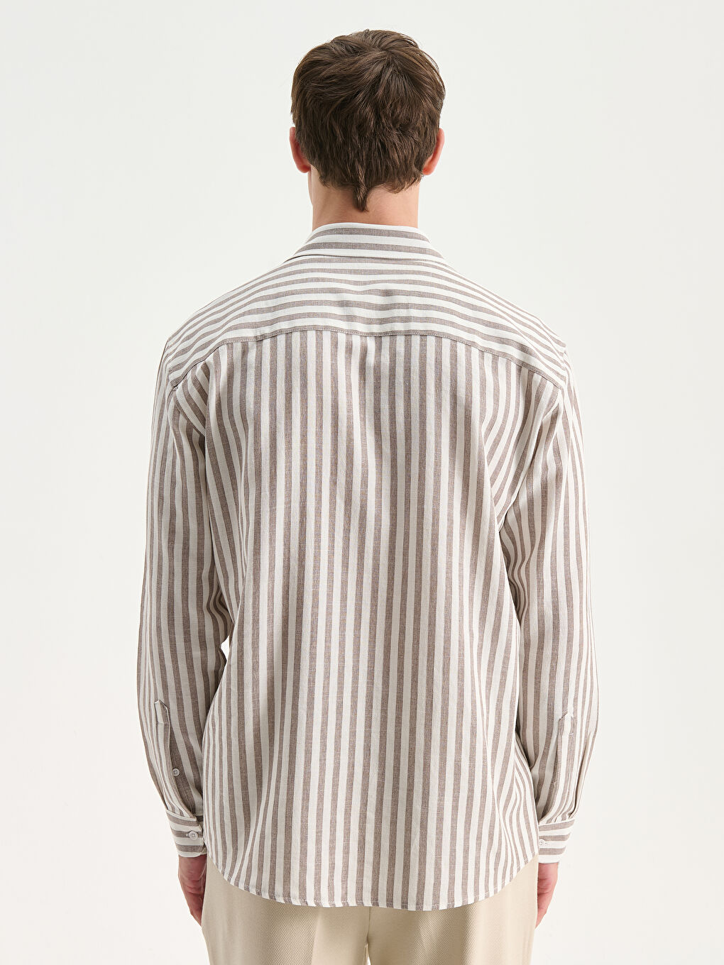 Kahverengi Regular Fit Uzun Kollu Çizgili Erkek Gömlek-3