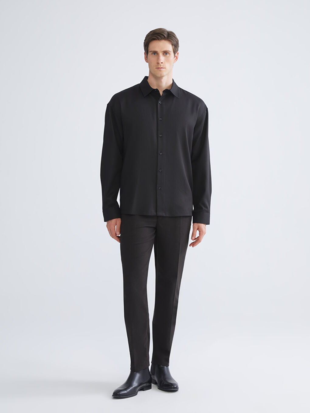 Siyah Slim Fit Uzun Kollu Erkek Gömlek-1