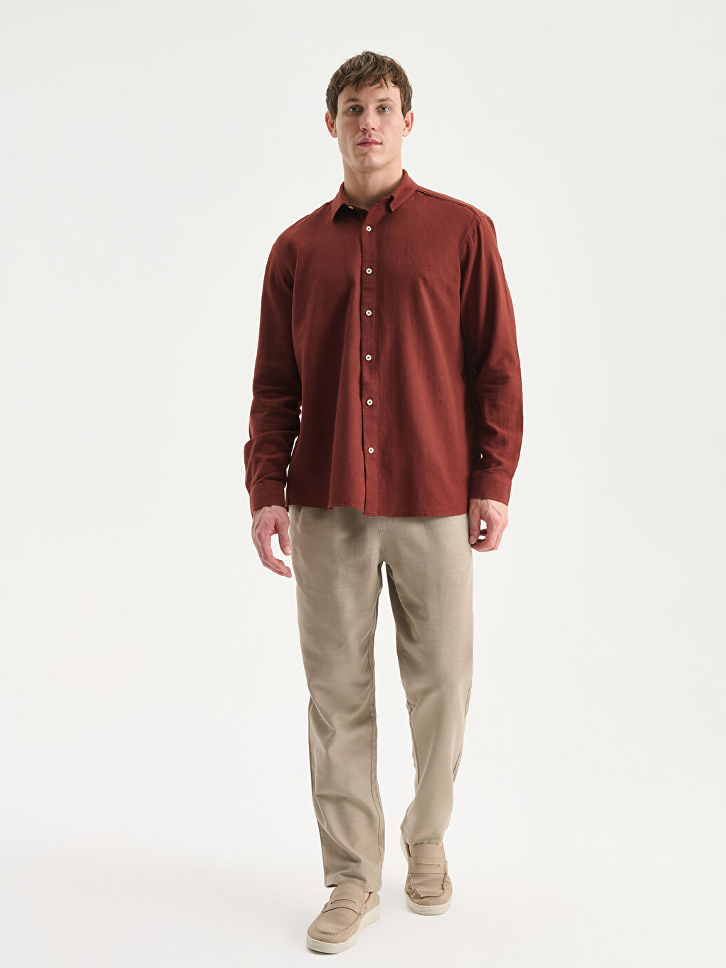 Kahverengi Regular Fit Uzun Kollu Erkek Gömlek-1