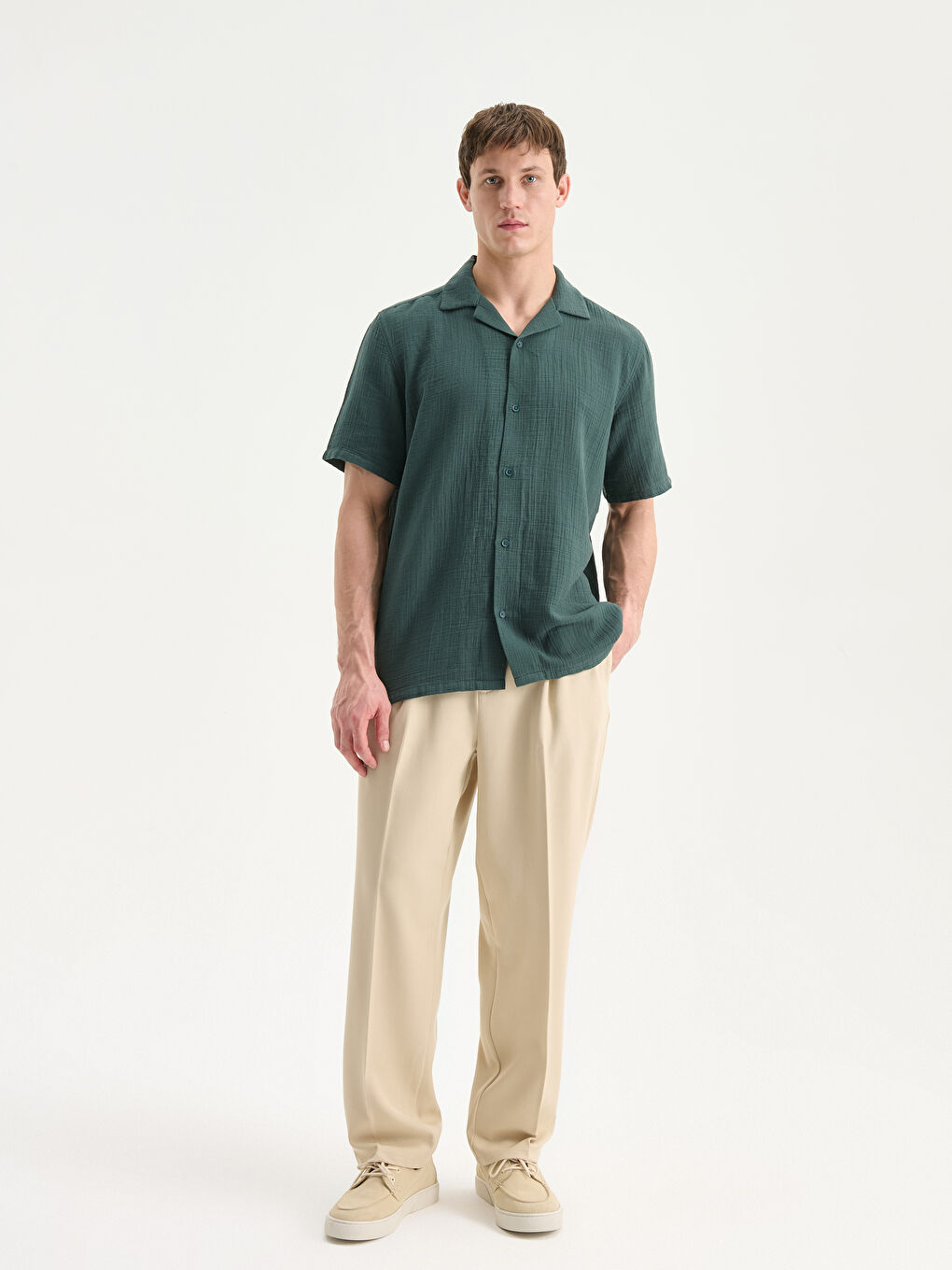 Yeşil Standart Fit Kısa Kollu Erkek Gömlek-1