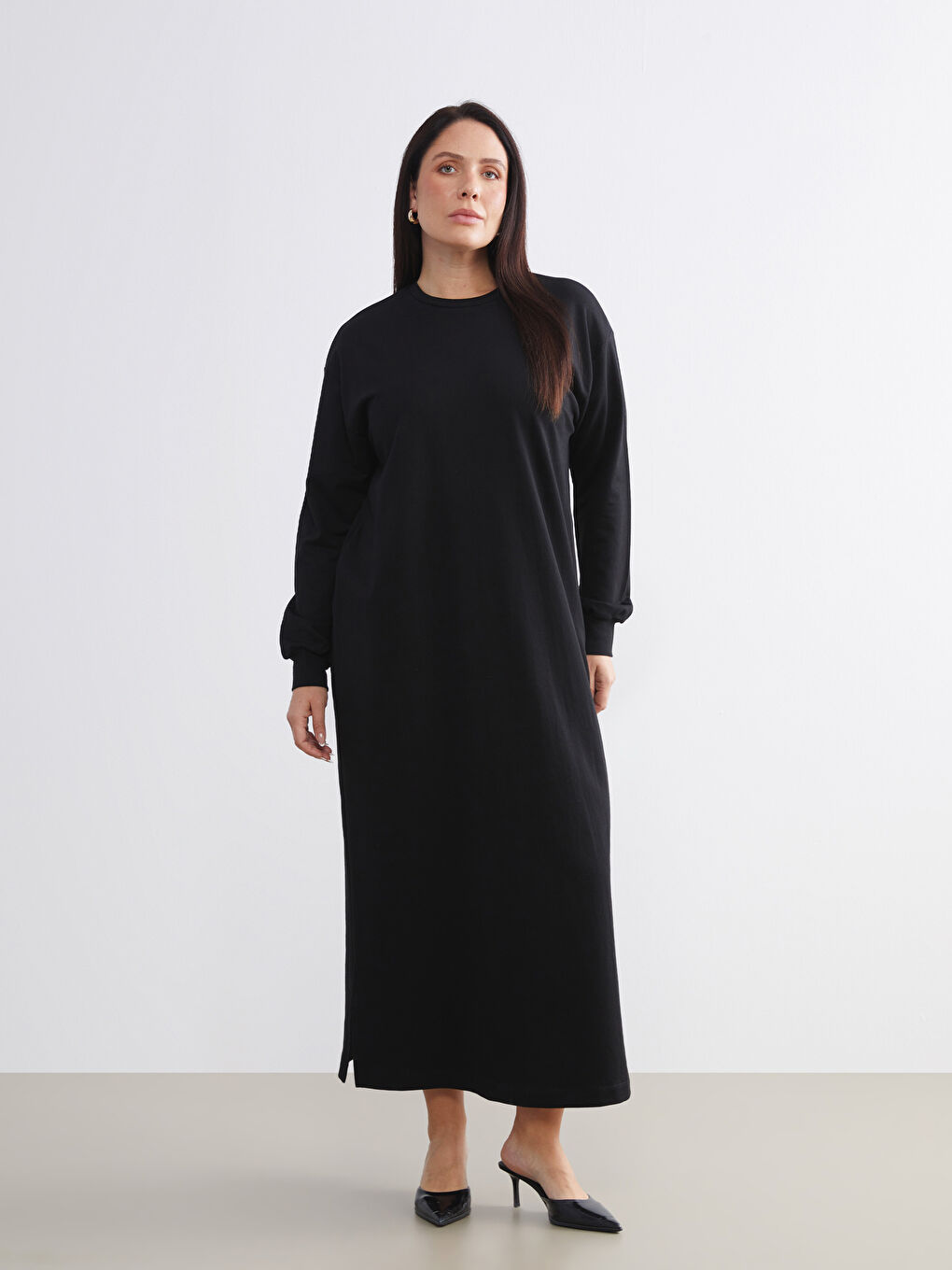 Siyah Bisiklet Yaka Sweatshirt Elbise-1