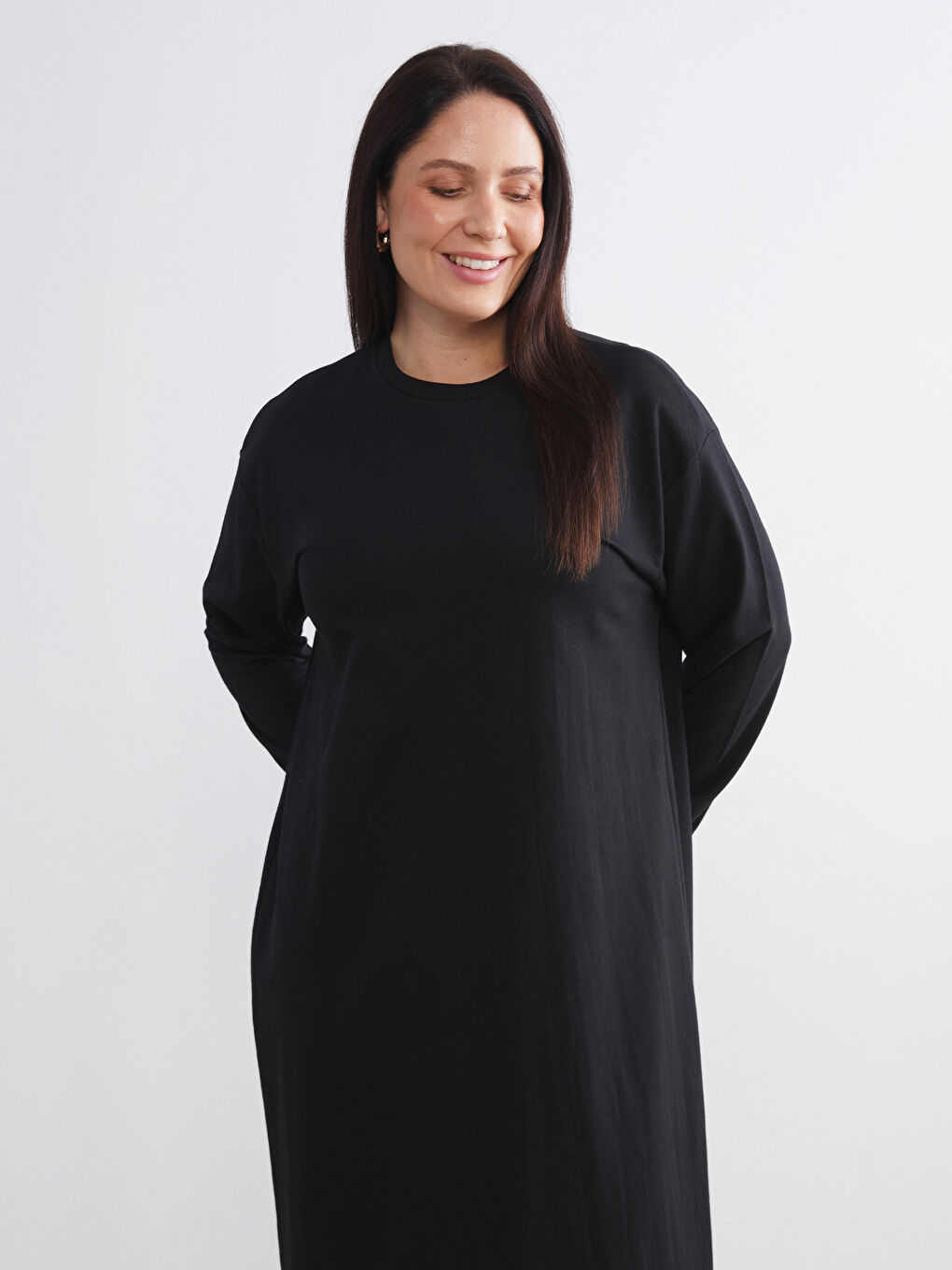 Siyah Bisiklet Yaka Sweatshirt Elbise-5