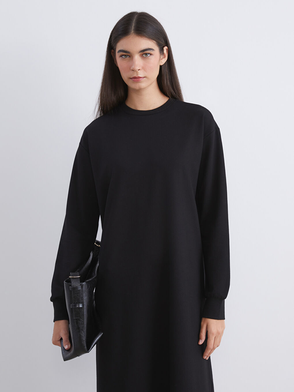 Siyah Bisiklet Yaka Sweatshirt Elbise-2