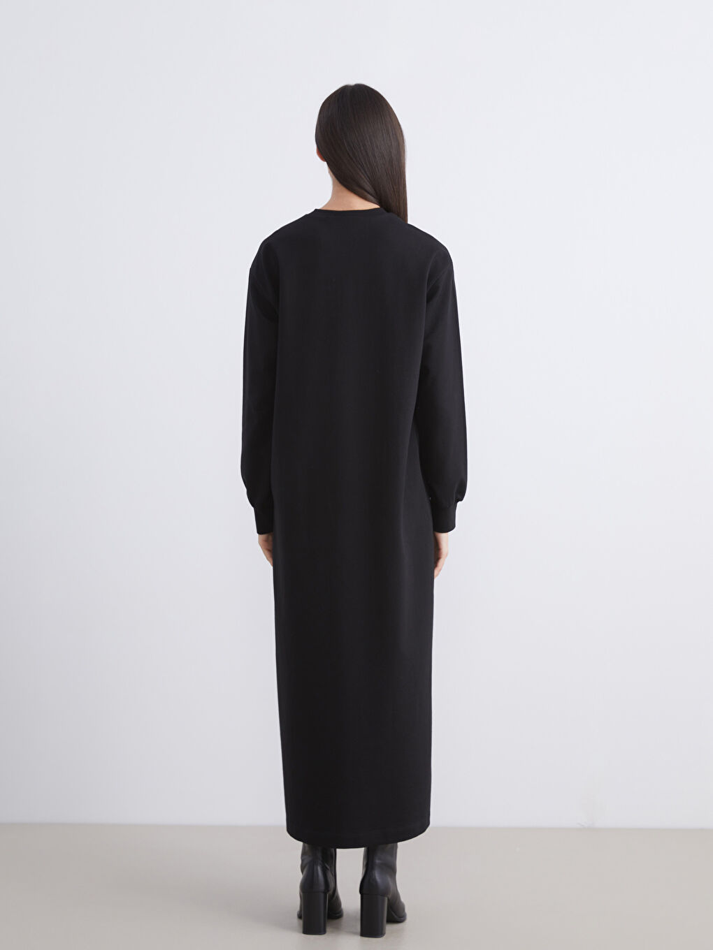 Siyah Bisiklet Yaka Sweatshirt Elbise-4