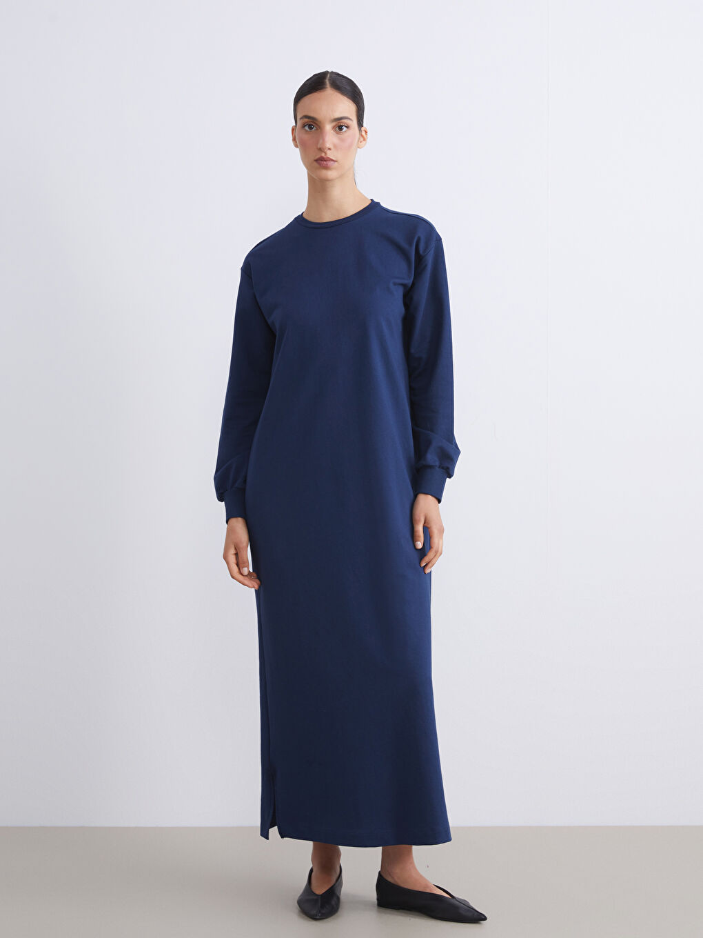 Lacivert Bisiklet Yaka Sweatshirt Elbise