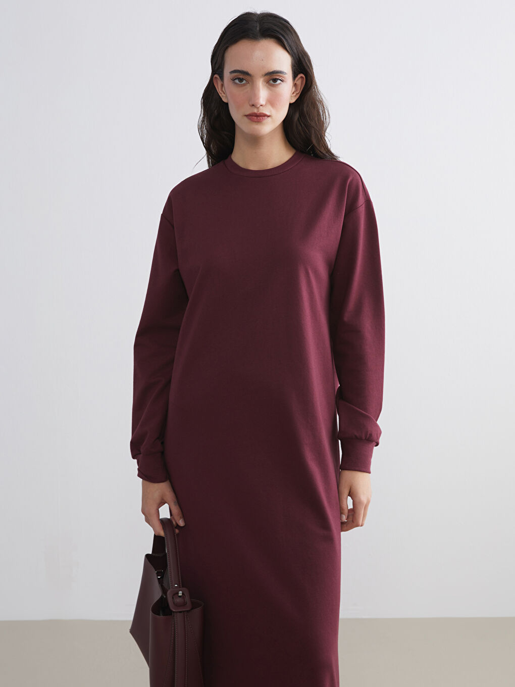 Bordo Bisiklet Yaka Sweatshirt Elbise-1