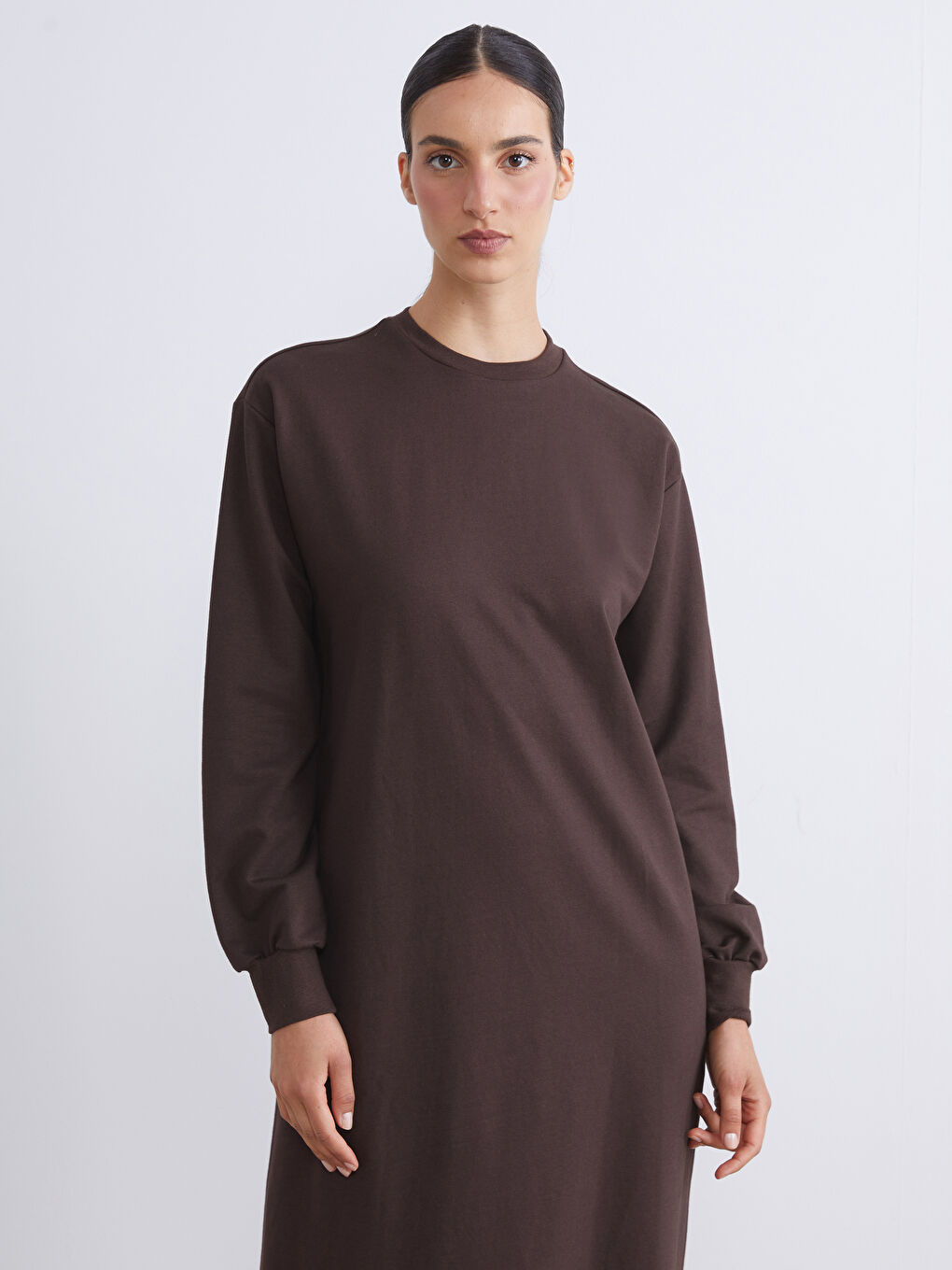 Kahverengi Bisiklet Yaka Sweatshirt Elbise-1