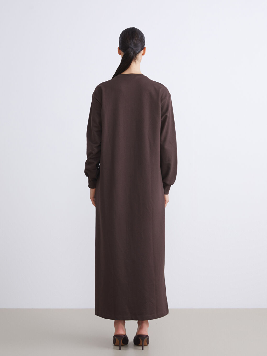 Kahverengi Bisiklet Yaka Sweatshirt Elbise-3