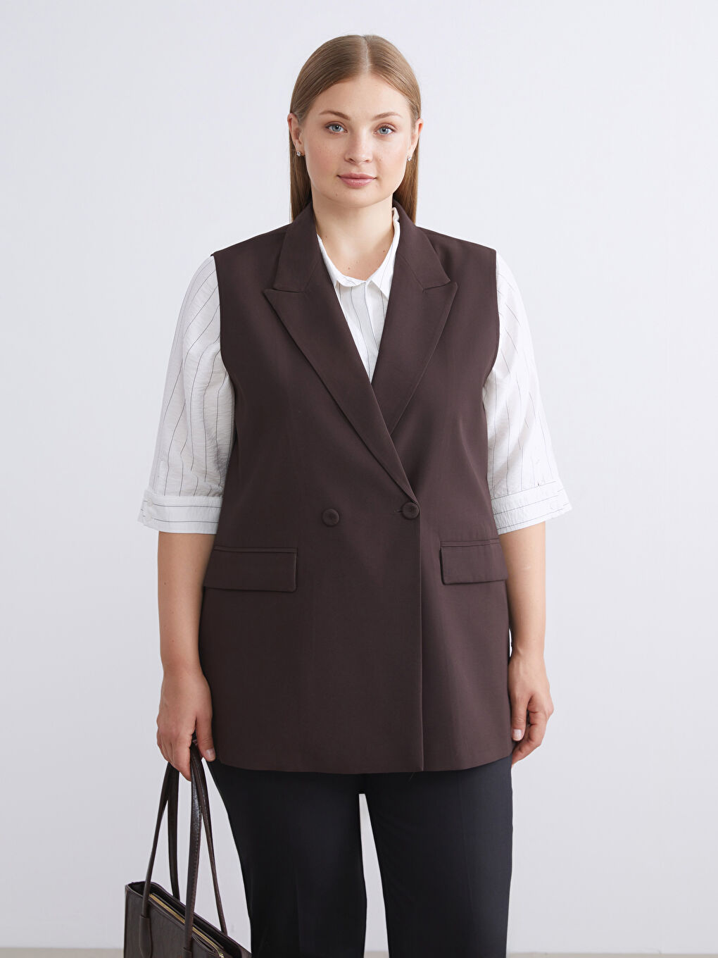 Kahverengi Kruvaze Yaka Kadın Klasik Yelek-1