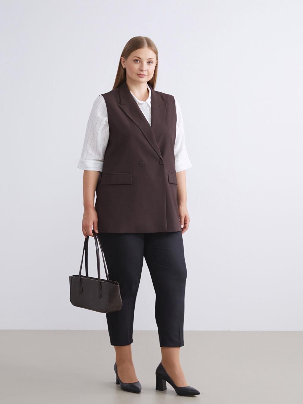 Kahverengi Kruvaze Yaka Kadın Klasik Yelek-5