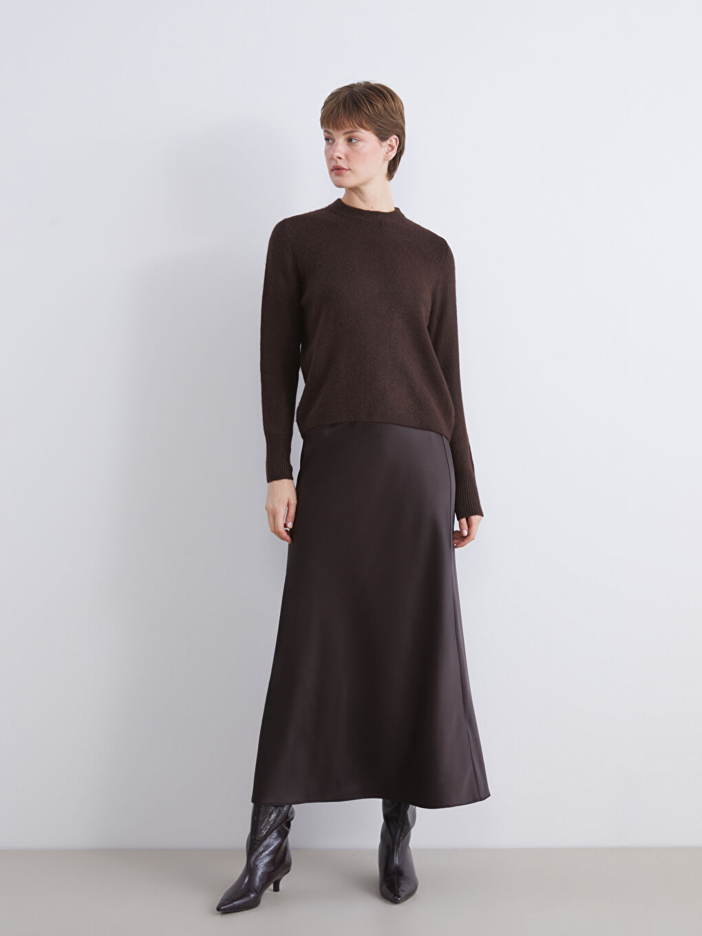 Kahverengi Dar Fit Saten Etek-1