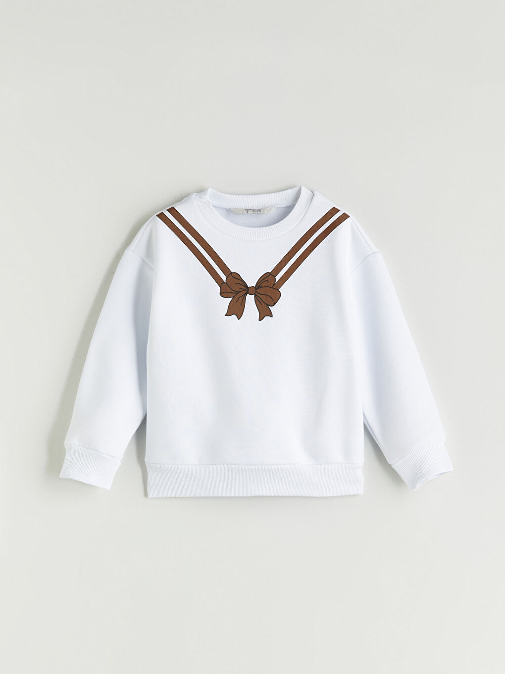 Beyaz Bisiklet Yaka Fiyonk Baskılı Kız Çocuk Sweatshirt