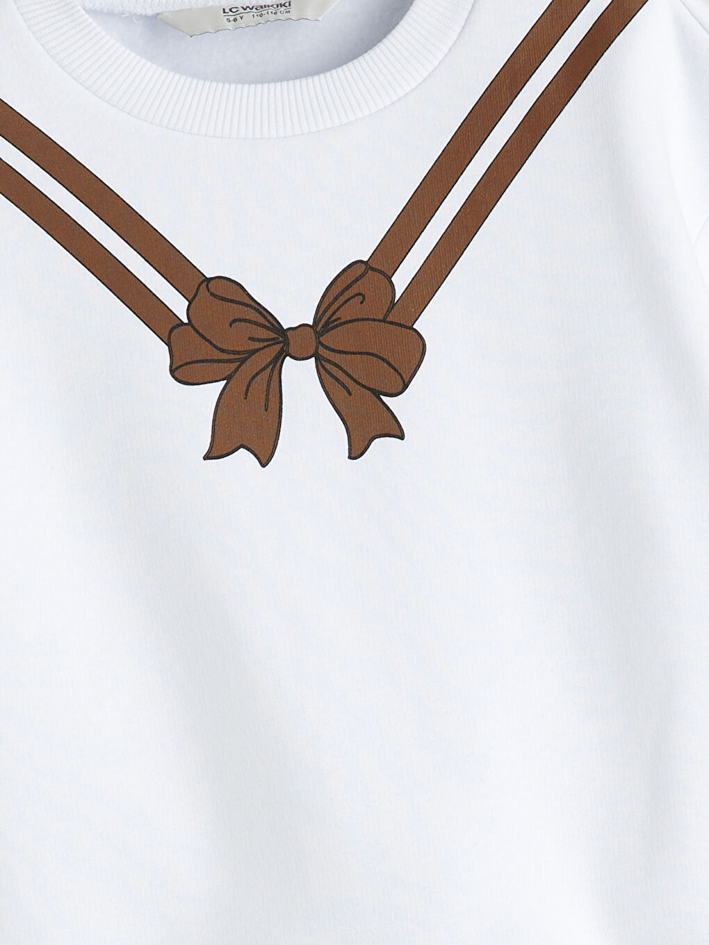 Beyaz Bisiklet Yaka Fiyonk Baskılı Kız Çocuk Sweatshirt-1