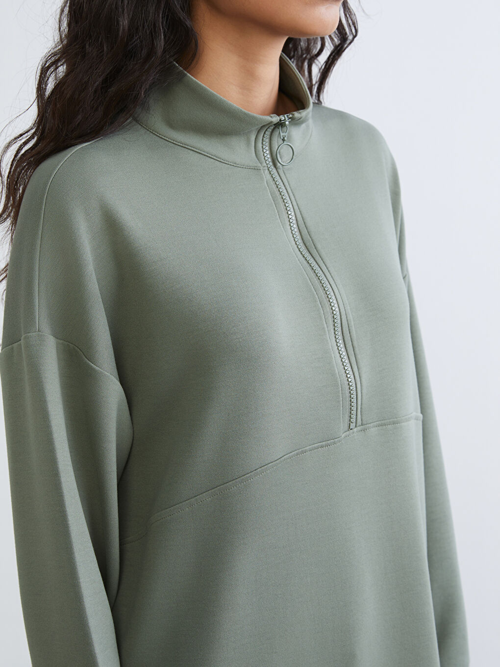 Haki Dik Yaka Kadın Sweatshirt Tunik-2