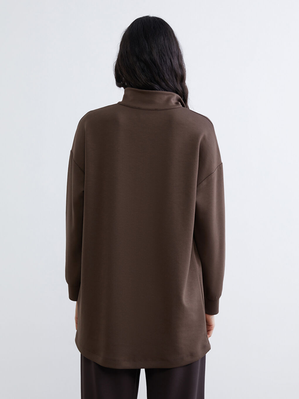 Kahverengi Dik Yaka Kadın Sweatshirt Tunik-3