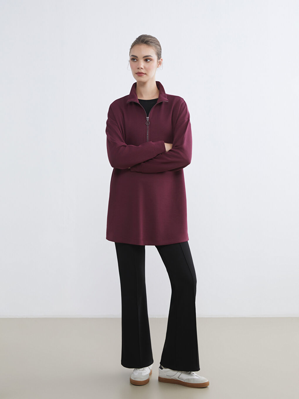 Mürdüm Dik Yaka Kadın Sweatshirt Tunik-1