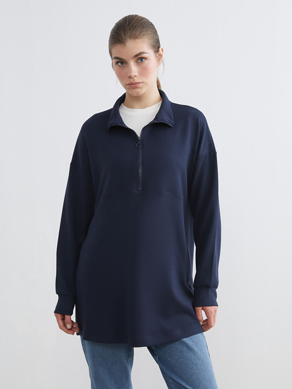 Lacivert Dik Yaka Kadın Sweatshirt Tunik