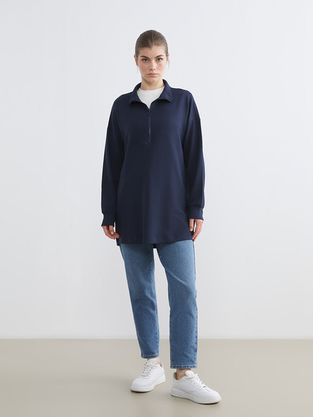 Lacivert Dik Yaka Kadın Sweatshirt Tunik-1