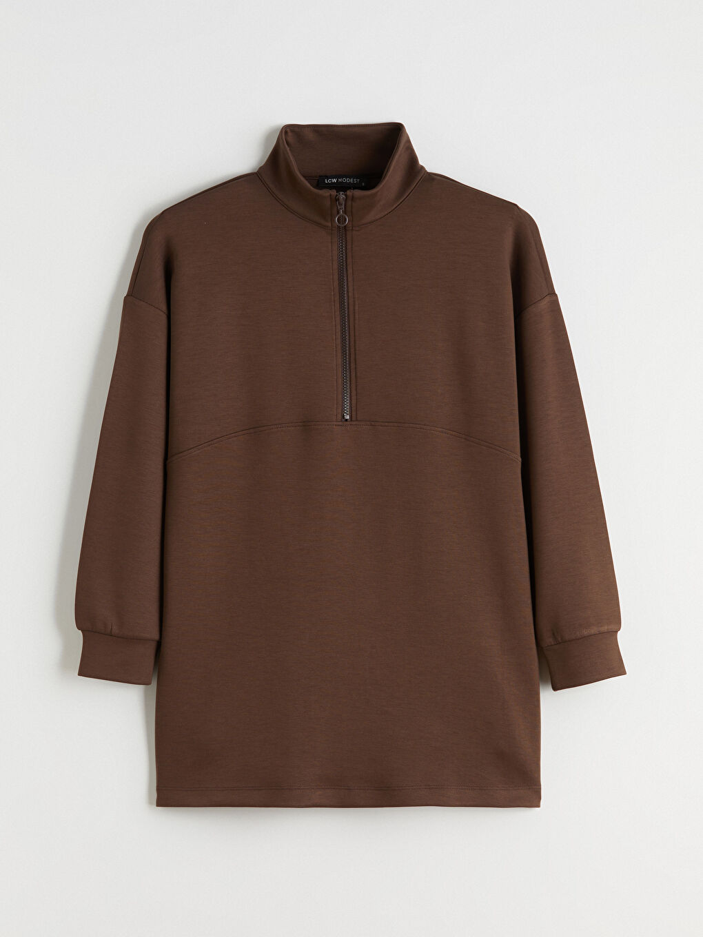 Kahverengi Dik Yaka Kadın Sweatshirt Tunik-4