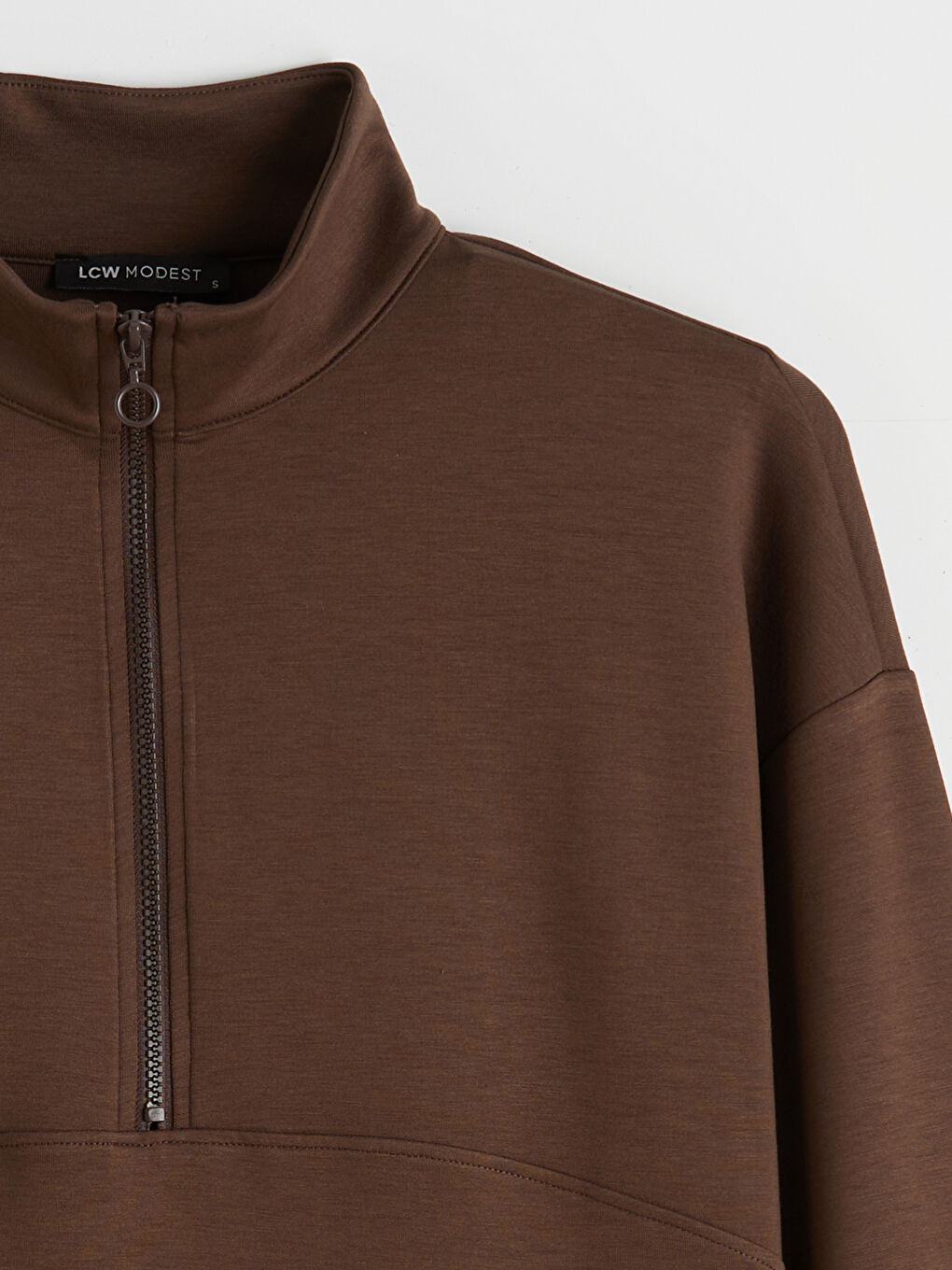 Kahverengi Dik Yaka Kadın Sweatshirt Tunik-5