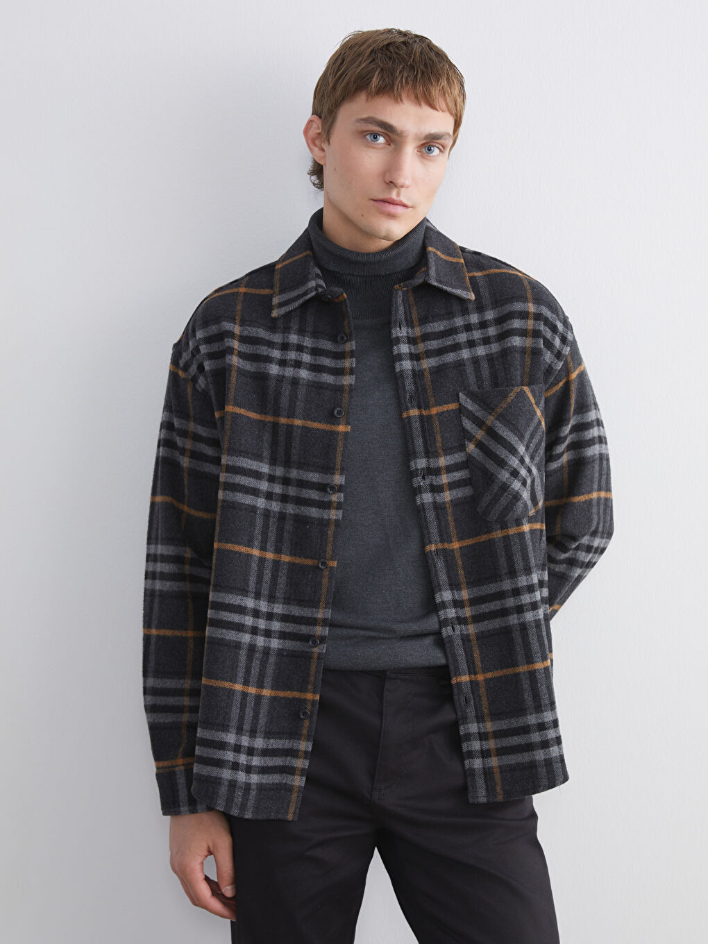 Antrasit Regular Fit Uzun Kollu Ekose Erkek Oduncu Gömlek-1