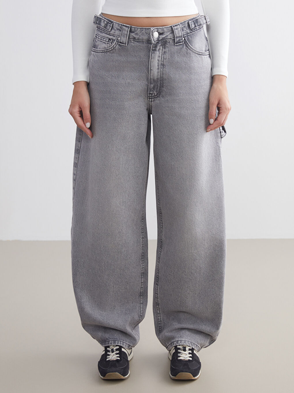 Gri Baggy Fit Kadın Jean Pantolon-2