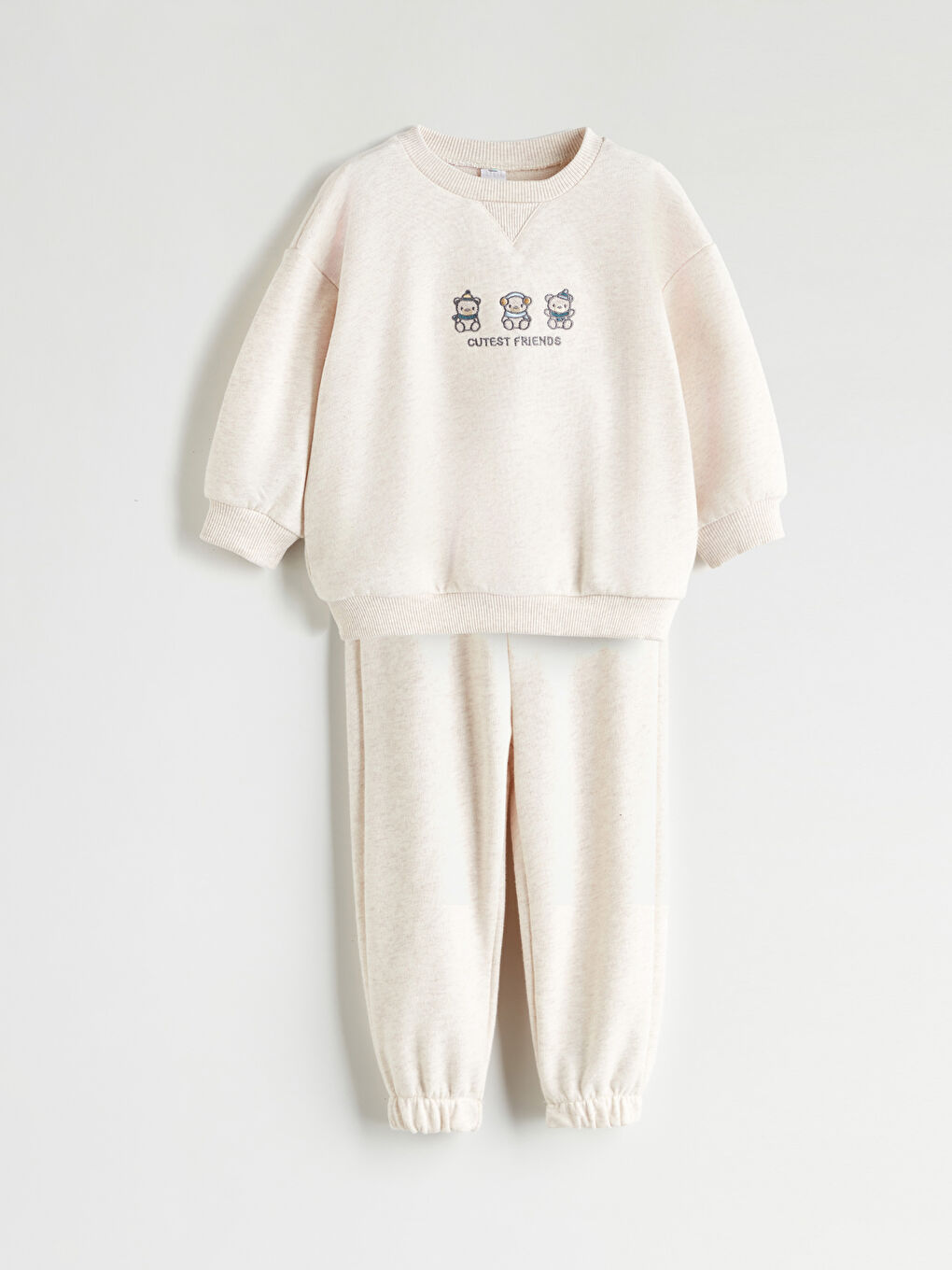 Bej Bisiklet Yaka Baskılı Erkek Bebek Sweatshirt ve Eşofman Alt 2'li-1