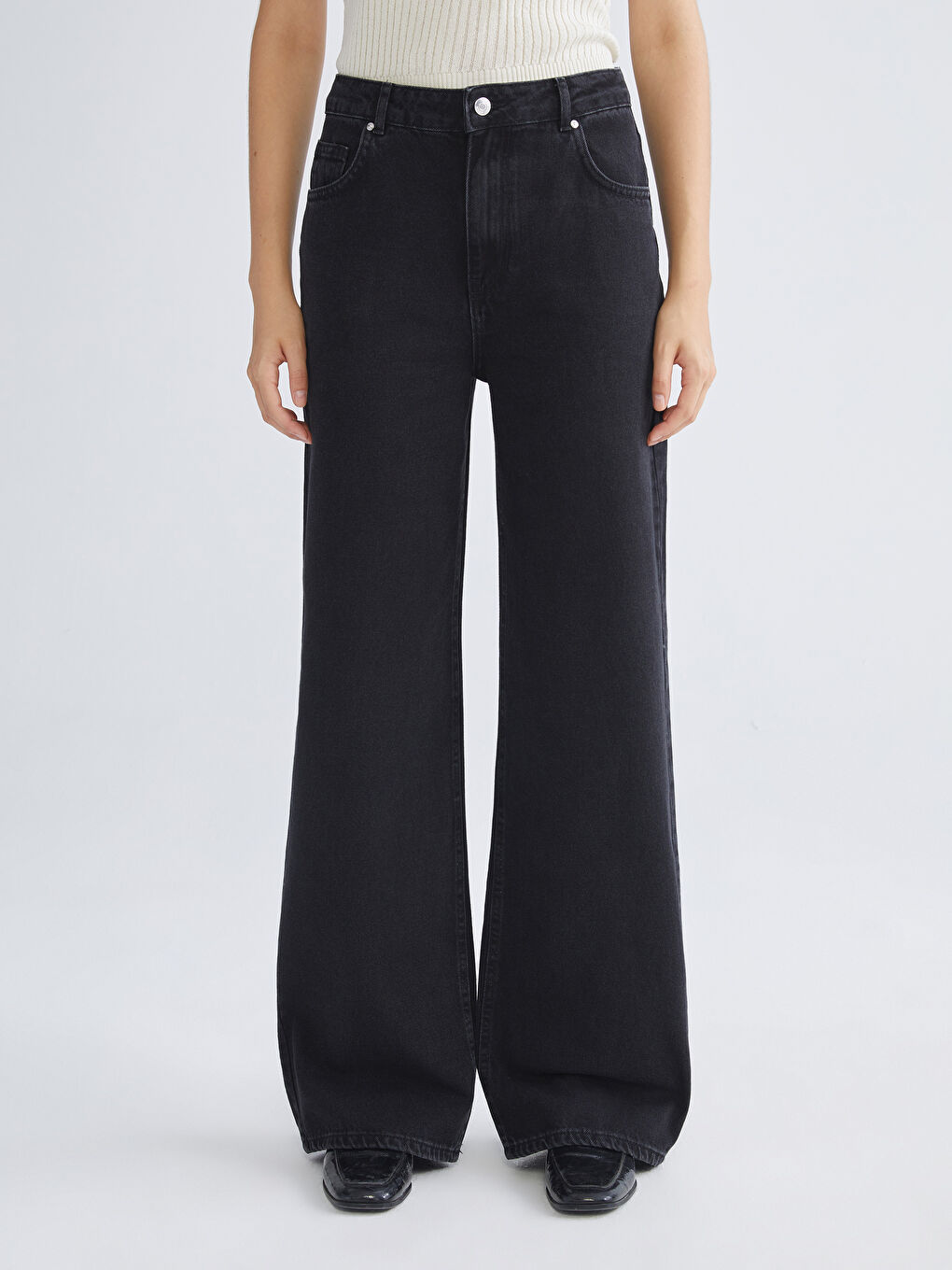 Siyah Wideleg Kadın Jean Pantolon-1