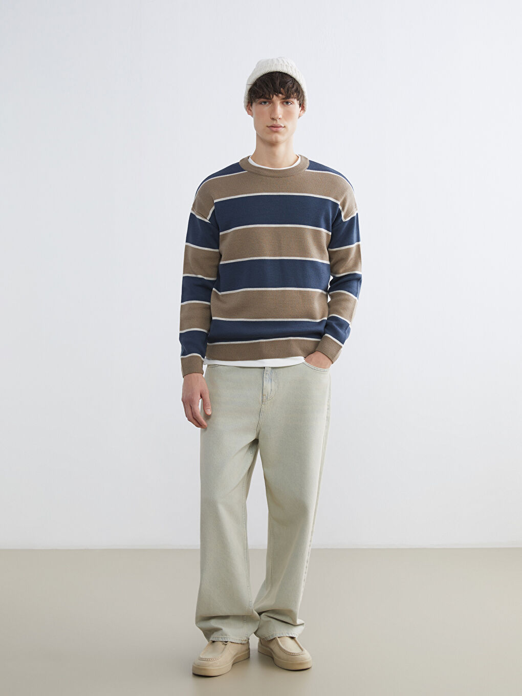 Bej Bisiklet Yaka Çizgili Erkek Triko Kazak-1