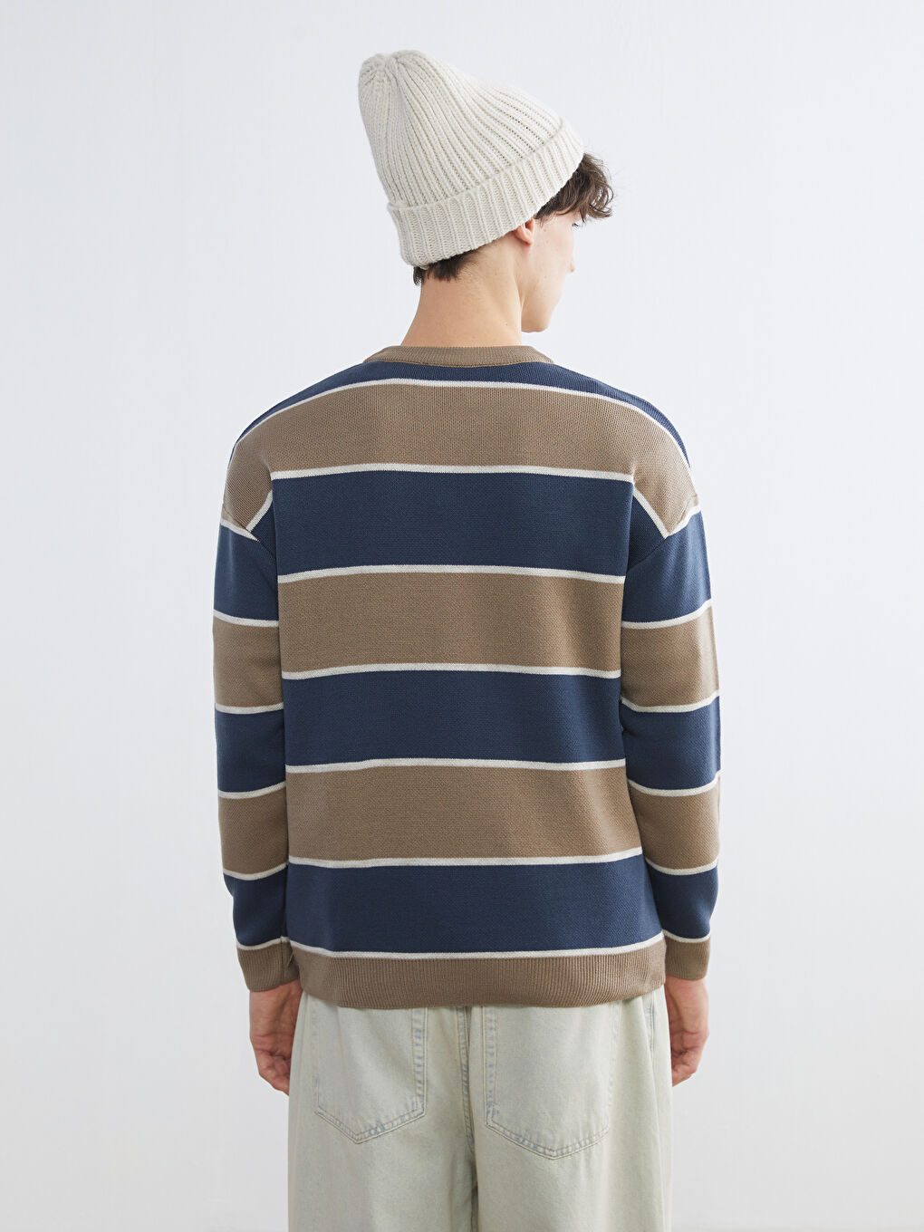 Bej Bisiklet Yaka Çizgili Erkek Triko Kazak-3