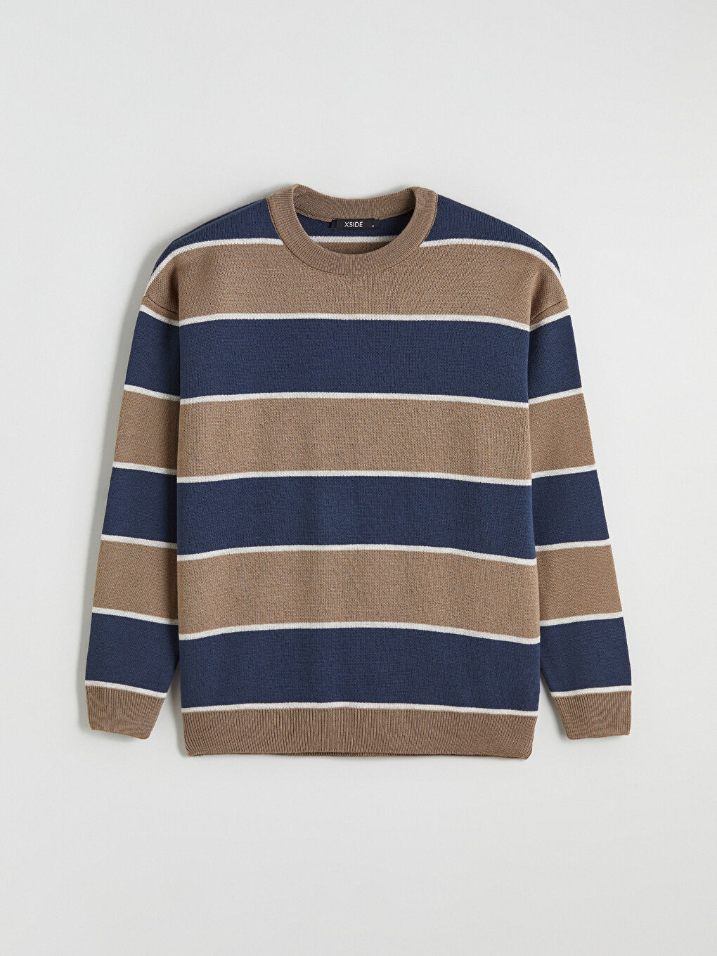 Bej Bisiklet Yaka Çizgili Erkek Triko Kazak-4