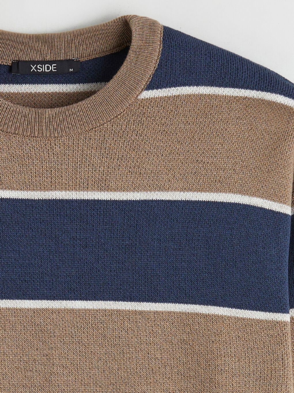 Bej Bisiklet Yaka Çizgili Erkek Triko Kazak-5