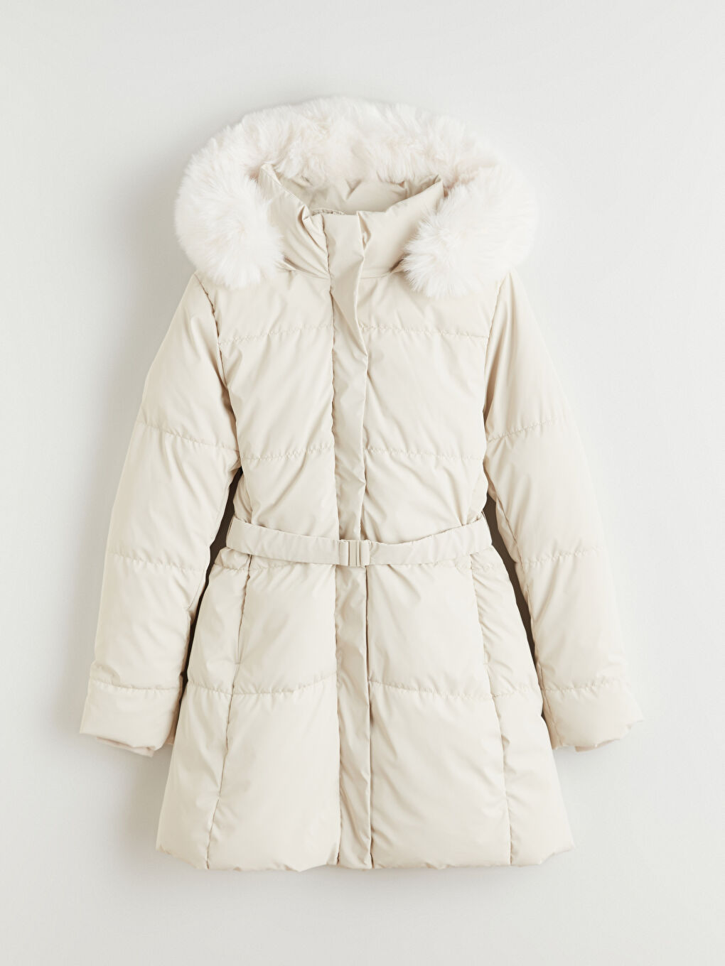 Ekru Kürk Kapüşonlu Kadın Şişme Mont-5