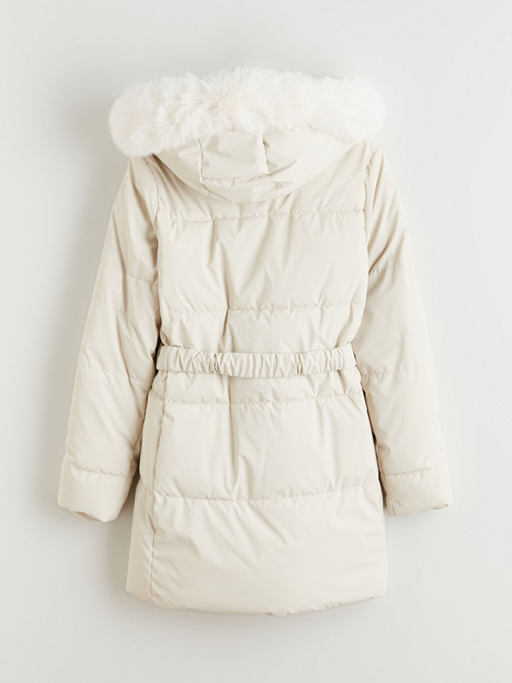 Ekru Kürk Kapüşonlu Kadın Şişme Mont-7