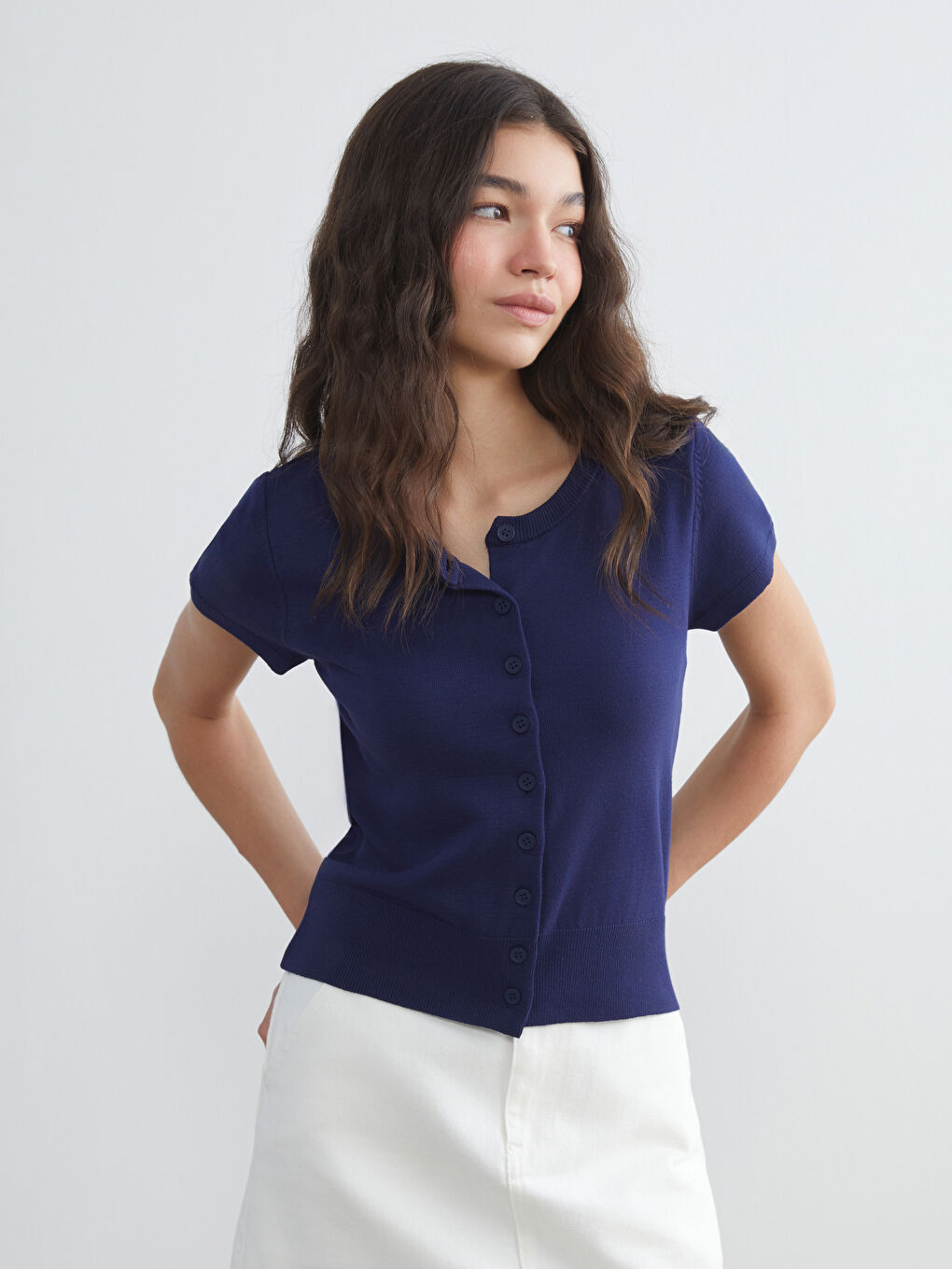 Lacivert Bisiklet Yaka Kadın Triko Hırka