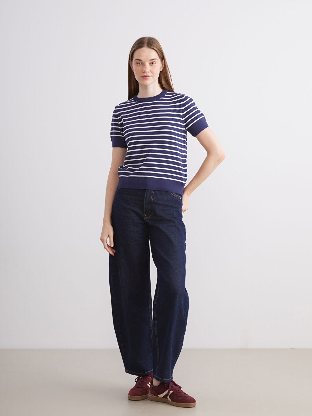 Lacivert Bisiklet Yaka Çizgili Kadın Triko Kazak-1
