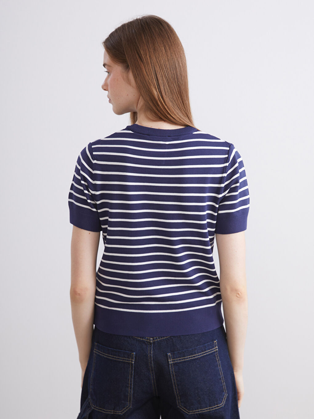 Lacivert Bisiklet Yaka Çizgili Kadın Triko Kazak-3