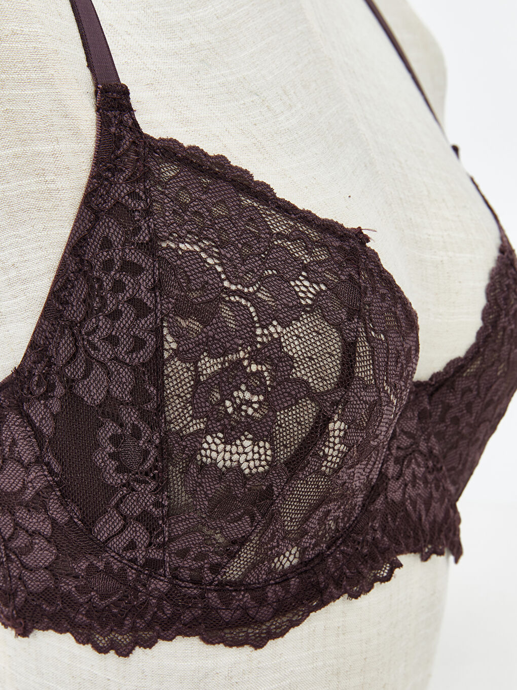 Mürdüm Balenli Dolgusuz Dantelli Tişört Sütyen-2