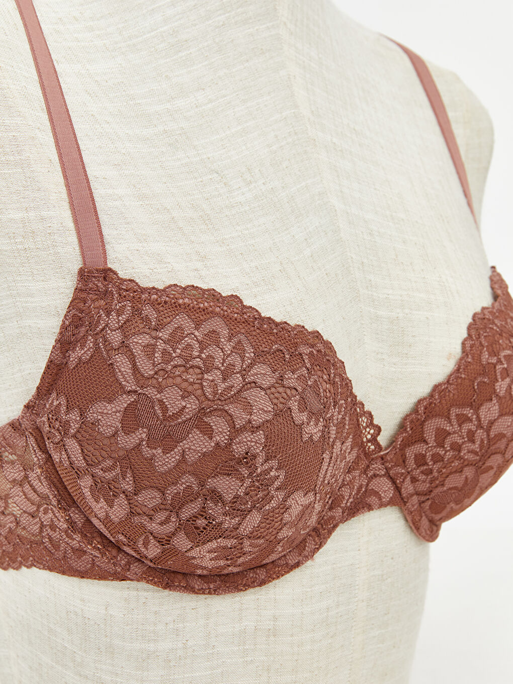 Kahverengi Balenli Yarım Dolgulu Dantelli Tişört Sütyen-2